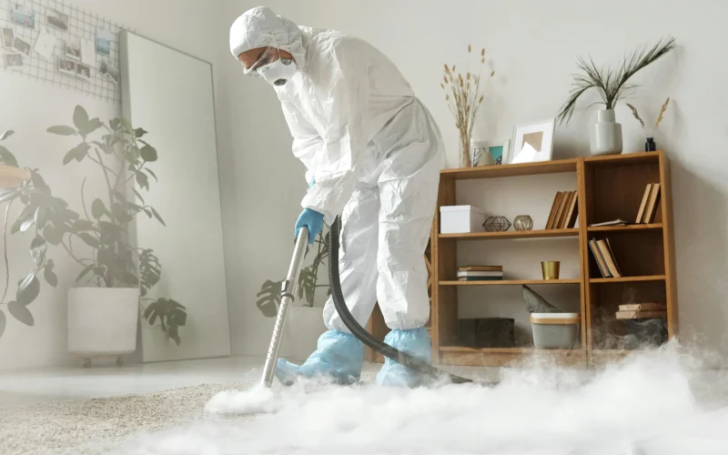 a person in hazmat suit vacuuming a carpet